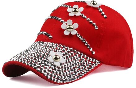 Strass Baseball Cap Met Bloemen Vrouwen Verstelbare Zonnehoed Denim Hip Hop Cap Bone 8 Kleuren rood