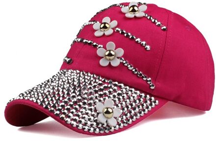 Strass Baseball Cap Met Bloemen Vrouwen Verstelbare Zonnehoed Denim Hip Hop Cap Bone 8 Kleuren roos rood