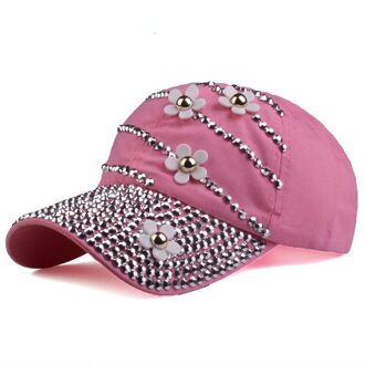 Strass Baseball Cap Met Bloemen Vrouwen Verstelbare Zonnehoed Denim Hip Hop Cap Bone 8 Kleuren roze