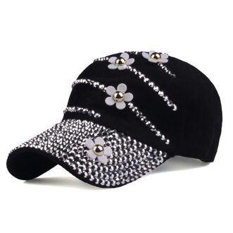 Strass Baseball Cap Met Bloemen Vrouwen Verstelbare Zonnehoed Denim Hip Hop Cap Bone 8 Kleuren zwart