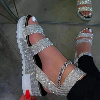 Strass Sandalen Vrouwen Wiggen Platform Schoenen Zomer Sandalen Dames Slip Op Schoenen Grote Maat Open Teen Sandalias Mujer 37