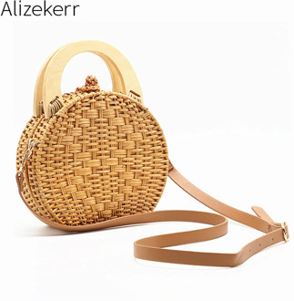 Straw Handbag Women Wooden Hand-Woven Top-Handle Beach Bag Circular Knitting Bags Travel Tote Straw Bags For Women Crossbody Bag
