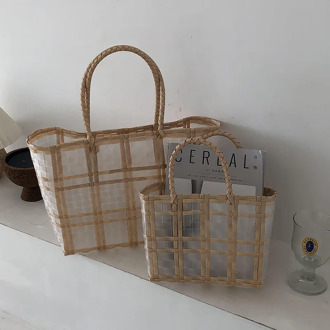 Straw Woven Plastic Transparent Bag Women's Waterproof Shopping Basket Vegetable Beach Handbag Large Small Size Children's Bag