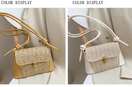 Straw Woven Women's Messenger Bag Fashion Bohemian Stitching PU Leather Shoulder Bag Underarm Bag