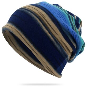 Streetwear Hippie Hoed Unisex Streep Print Beanie Muts Sjaal Casual Outdoor Convertible Winddicht Cap Winter Hoeden Voor Vrouwen Mannen blauw