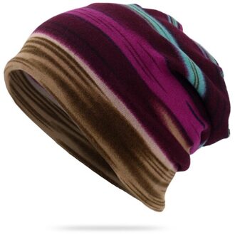 Streetwear Hippie Hoed Unisex Streep Print Beanie Muts Sjaal Casual Outdoor Convertible Winddicht Cap Winter Hoeden Voor Vrouwen Mannen paars