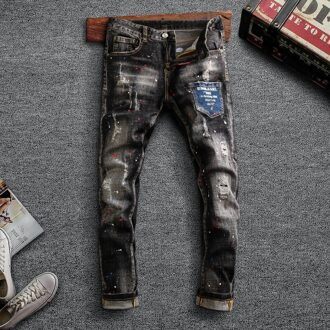 Streetwear Mannen Jeans Elastische Slim Fit Ripped Katoen Denim Punk Broek Retro Zwart Grijs Hip Hop Potlood Broek 28