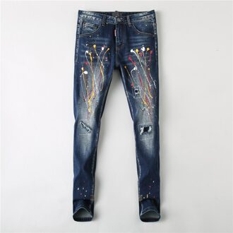 Streetwear Mode Mannen Jeans Retro Donkerblauw Elastische Slim Fit Ripped Jeans Voor Mannen Vernietigd Geschilderd Hip Hop Punk broek 33(Chinese Size)