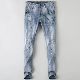 Streetwear Mode Mannen Jeans Retro Lichtblauw Elastische Slim Fit Ripped Jeans Voor Mannen Geschilderd Vernietigd Hip Hop Broek 33(Chinese Size)