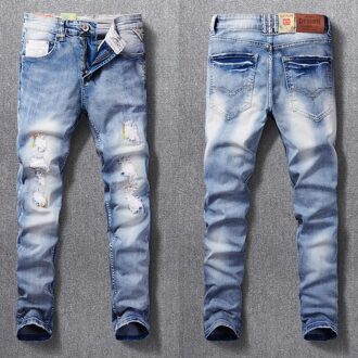 Streetwear Mode Mannen Jeans Retro Lichtblauw Vernietigd Ripped Jeans Voor Mannen Slim Fit Hip Hop Denim Punk broek 32(Chinese Size)