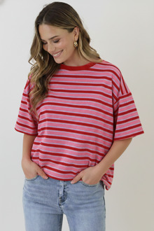 Strepen T-Shirt Katoen Tricolore Blauw/Bordeauxrood/Roze