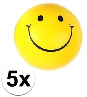 Stressbal smiley - 5x - geel - D6 cm - lachende smiley