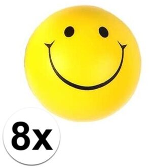 Stressbal smiley - 8x - geel - D6 cm - lachende smiley