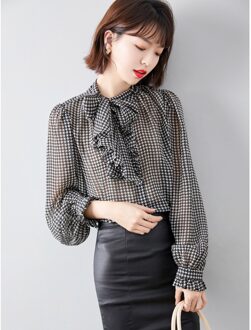 Strik Shirt Voor Vrouwen Plaid Lantaarn Lange Mouwen Ruffle Shirts Blouse Vrouwelijke Zomer Voorjaar Blouses Shirt Plus Size