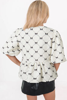 Strikprint Blouse met Tailleband en Pofmouwen Ivoor