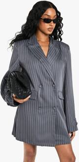 Stripe Geweven Blazerjurk Met Voorzakken In Oversized Stijl, Charcoal - 38