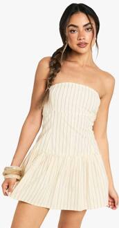 Stripe Linen Look Button Down Peplum Mini Jurk, Ecru - 40