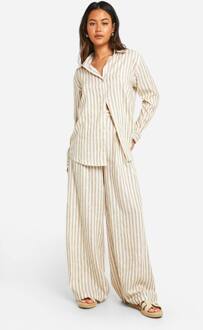Stripe Linen Look Wide Leg Pants, Ecru - 36