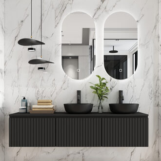 Stripe zwart badmeubel ribbelfront 180cm met zwarte waskommen en ovale LED spiegels