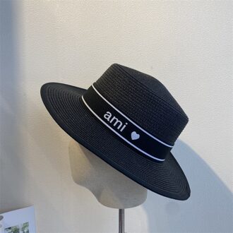 Strooien Hoed Vrouwen Zomer Grote Brede Rand Borduurwerk Zon Bescherming Verstelbare Elegante Dame Hoeden Strand Hoeden Voor Vrouwen zwart