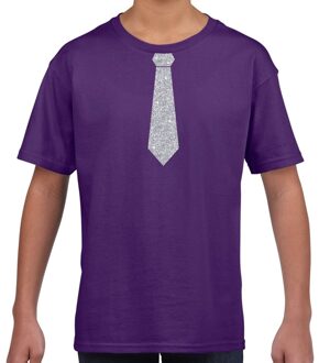 Stropdas zilver glitter t-shirt paars voor kinderen M (134-140)