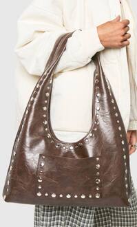 Stud Trim Distressed Slouchy Shoulder Bag, Chocolate - ONE SIZE