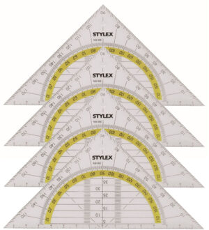 Stylex Geodriehoek - Voordeelset van 4x stuks - met liniaal en gradenboog - kunststof - 14 x 9 cm