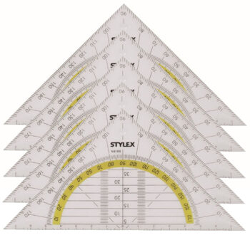 Stylex Geodriehoek - Voordeelset van 5x stuks - met liniaal en gradenboog - kunststof - 14 x 9 cm