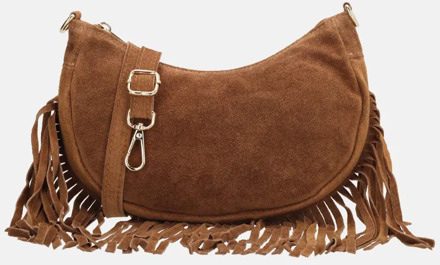 suède crossbody tas S franjes cognac