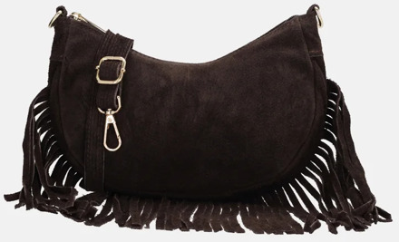 suède crossbody tas S franjes donkerbruin