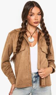 Suede-Look Oversized Overhemd, Tan - 44