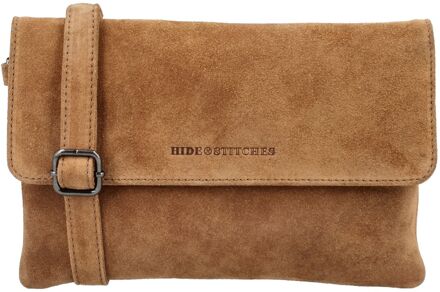 Suede Shoulderbag camel damestas polstasje Zand - H 16 x B 24,50 x D 11 cm