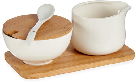 Suiker en melk serveren setje - keramiek met bamboe hout - 19 cm