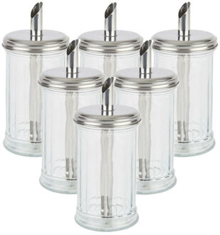 Suikerpot/strooier - 6x - glas/rvs metaal - transparant/zilver - 7 x 17 cm - luxe uitvoering - 275 g