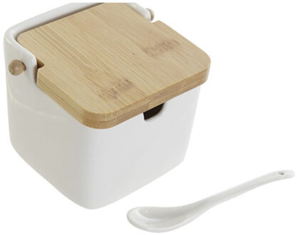 Suikerpotje met lepeltje - wit - porselein - bamboe houten deksel - 11 x 12 cm