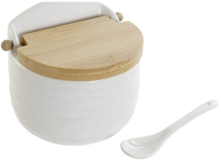 Suikerpotje met lepeltje - wit - porselein - bamboe houten deksel - 9 x 11 cm