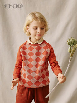 Sumcico Jongen Trui 100% Katoen Trui Longsleeve Trui Baby 'S Diamond Patroon Zachte Trui Dailywear Leeftijd 2-14Y karamel / 2-3T