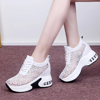 Summer Breathable Mesh Chunky Platform Sneakers Women Lace Floral Hollow Out White Shoes Woman Hidden Heels Casual Wedge Shoes