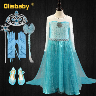 Summer Fancy Girl Elsa Costume with Long Cloak Elegant Girls Princess Shining Fabric Snow Queen Carnival Party Prom elza Dress
