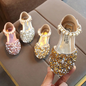 Summer Girls Shoes Bead Mary Janes Flats Fling Princess Shoes Baby Dance Shoes Kids Sandals Children Wedding Shoes Gold MCH118