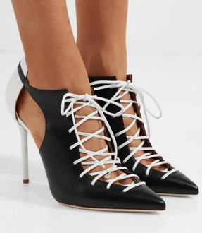 Summer Hot Women Patchwork Pointed Toe Cross-tied Lace Up Cutout Two-tone Leather Pumps Party Sexy Dress Shoes Lady Big Size