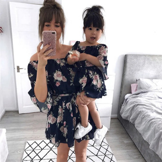 Summer Mother Daughter Off shoulder Belt dresses Floral Shorts Dress Holiday Sundress Women Girls dress Family Matching Clothes