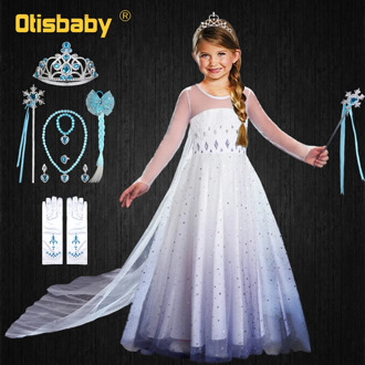 Summer Princess Elsa Dress for Girls Halloween Anna Elsa Costume Crystal Birthday Dress with Fairy Long Tail Party Elsa Dress Up
