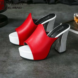 Summer Sexy Women Elegant Red High Heel Sandals Peep Toe Platform Shoes Zebra Chunky Heel Shoes Lady Thick Heel Fashion 34-40
