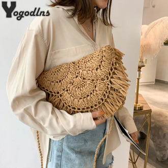 Summer Tassel Straw Shoulder Bag for Women Paper Rope Hook Hand-woven Casual Handbags Beach Travel Girls Crossbody Flap Bags