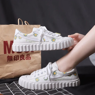 Summer Women Chunky Sneakers Platform Designers White Casual Shoes Fashion Woman Flower Lace Up Flat Canvas Shoes Tennis Female