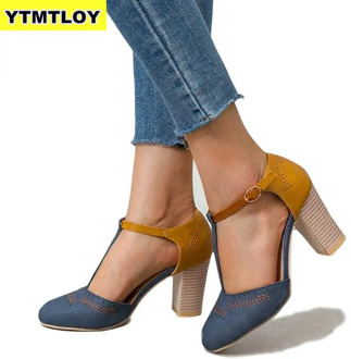 Summer Women Pumps Square Heel High Shoes Ladies Platform Round Toe T-tied Wedding Dress Mujer Luxury Zapatos Blue Shoes