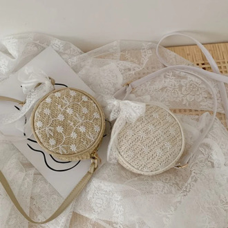 Summer Woven Bags for Women Crossbody Shoulder Messenger Casual Lace Flower Handbag Lady Bohemian Female Mini Round Straw Bag