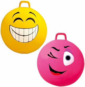 Summertime 2x stuks speelgoed Skippyballen met funny faces gezicht geel en roze 65 cm