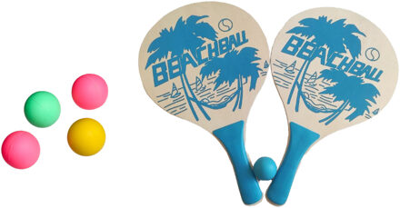 Summertime Beachball set - hout - blauw - strand sport speelset - met 5x balletjes